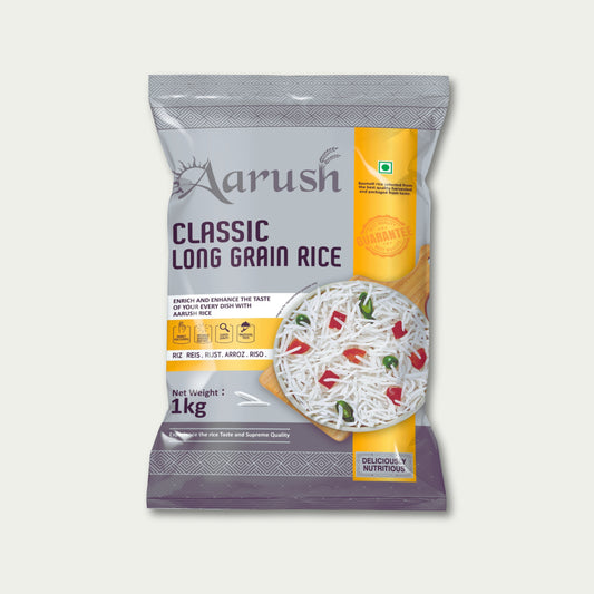 Aarush Classic Long Grain Basmati: 8.4mm Extra Long Aged Rice Royal Taste. Exquisite Aroma. Perfect Texture.