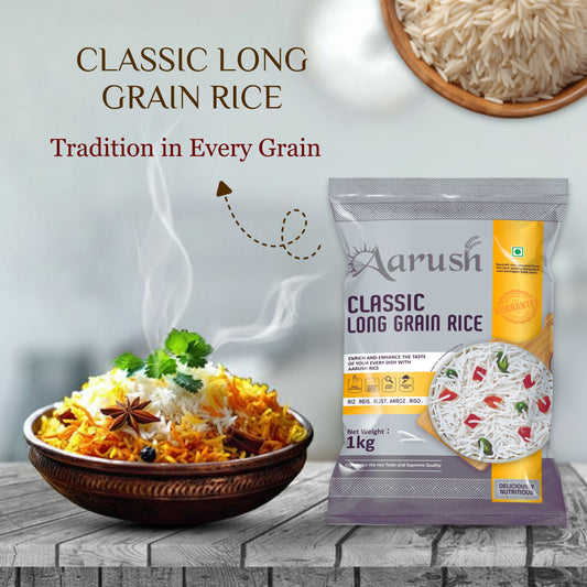 Aarush Classic Long Grain Basmati: 8.4mm Extra Long Aged Rice Royal Taste. Exquisite Aroma. Perfect Texture.