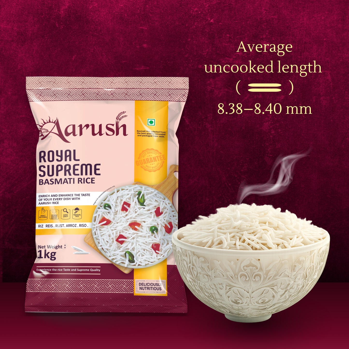 Aarush Royal Supreme Basmati Rice  Extra Long Grain, Naturally Aged (1kg, 5kg, 30kg)