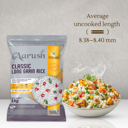 Aarush Classic Long Grain Basmati: 8.4mm Extra Long Aged Rice Royal Taste. Exquisite Aroma. Perfect Texture.