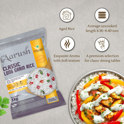 Aarush Classic Long Grain Basmati: 8.4mm Extra Long Aged Rice Royal Taste. Exquisite Aroma. Perfect Texture.