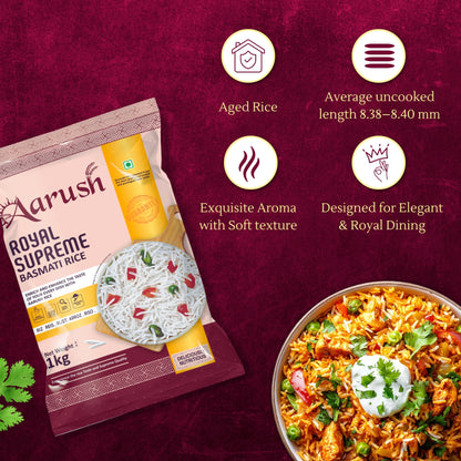 Aarush Royal Supreme Basmati Rice packaging with a bowl of rice dish on a purple background